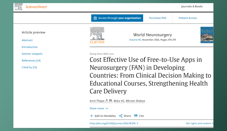 Cost Effective Use of Free-to-Use Appsin Neurosurgery (FAN) in Developing Countries: From Clinical Decision Making to Educational Courses, Strengthening Health Care Delivery